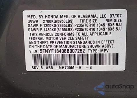 2008 Honda Pilot Ex из США, поврежденный, VIN 5FNYF18408B007252